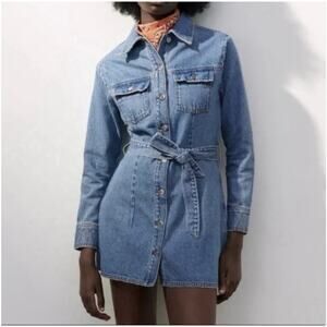 ZARA Denim Shirt Dress Blue Belted Long Sleeve Mini Dress 100% Cotton Women M